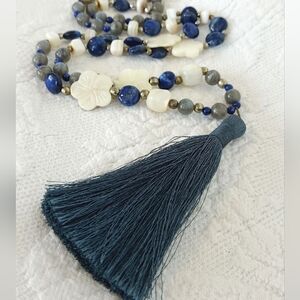 Hand Crafted Teal Blue Tassel Necklace Gemstone Beads Lapis Labradorite Shell